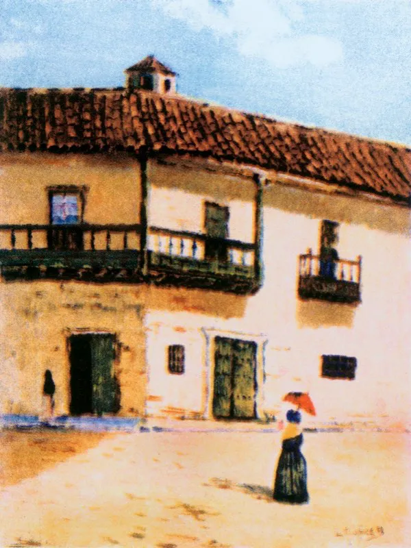 Casa del historiador Juan Flórez de Ocáriz, autor de las Genealogías del Nuevo Reino de Granada, tesorero de Santafé y su alcalde en 1666. La casa es una de las edificaciones más antiguas de la ciudad y está ubicada en la actual carrera 8.ª con calle 10.ª, esquina sur, costado occidental, frente al Capitolio Nacional. Óleo de Luis Núñez Borda.