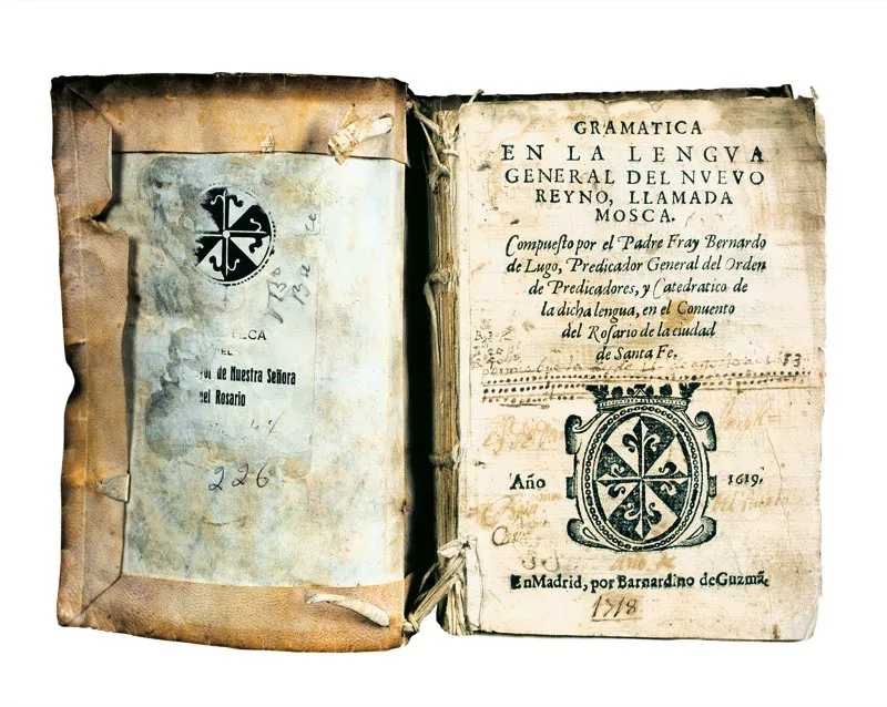 Primera gramática de la lengua muisca, investigada y escrita por el padre fray Bernardo de Lugo, “Predicador general del Orden de los Predicadores, y Catedrático de la dicha lengua en el Convento del Rosario de la Ciudad de Santafé”, en 1619. Fue impresa un siglo después, en Madrid, por Bernardino de Guzmán.