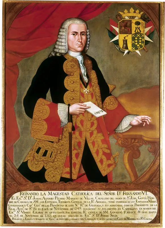 José Alfonso Pizarro, marqués de Villar, virrey del Nuevo Reino de Granada desde 1749 hasta 1753. Óleo de Joaquín Gutiérrez. Museo de Arte Colonial de Bogotá.