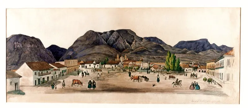 San Victorino era la puerta de entrada a la ciudad por el occidente y fue desde sus comienzos el barrio residencial preferido de los santafereños, que construyeron allí casas solariegas y confortables. En la acuarela se aprecia a la izquierda la intersección de la avenida de la Alameda, actual carrera 13. Ambos costados de la plazoleta están cubiertos de amplias casonas que sirven para habitación y comercio. Al fondo se destacan sobre los cerros orientales las torres de la Catedral y las cúpulas del Sagrario y de San Ignacio. Acuarela de autor anónimo perteneciente a la colección de la Biblioteca Luis Ángel Arango.