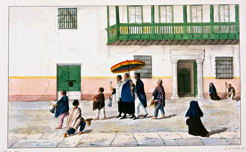 Cuando el viático, o sacramento de la comunión, era llevado por las calles de Bogotá, se sabía que alguien enfermo estaba en trance de morir. Acuarela de Joseph Brown. Royal Geographical Society, Londres.