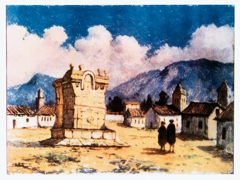 Pila de San Victorino inaugurada en 1803, con la novedad de que proveía suministro directo de agua a las casas por medio de tubería y no requería el acarreo de las aguateras. Óleo de Luis Núñez Borda.
