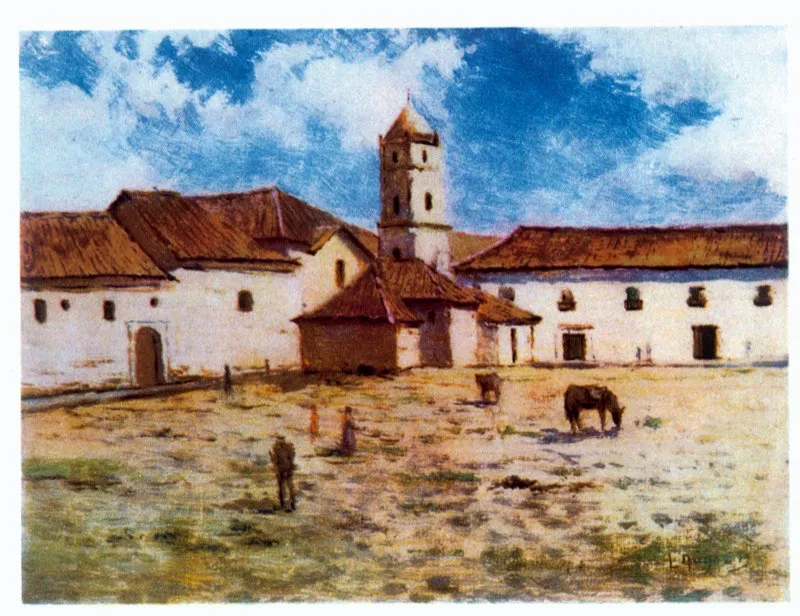 Plaza de San Francisco (hoy Parque de Santander), con la capilla del Humilladero. Al frente, iglesia de La Veracruz. Óleo de Luis Núñez Borda.