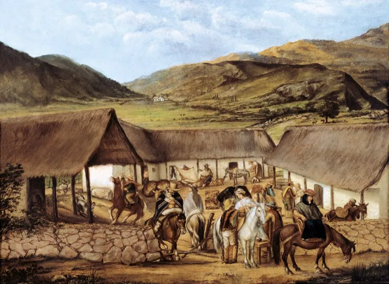 Orejones de la sabana y sus familias, en una estancia típica de las haciendas sabaneras. Óleo de José Manuel Groot, Hacienda de la sabana, 1857. Fondo Cultural Cafetero.