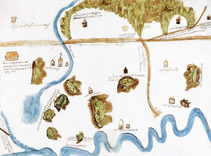 Este mapa, de 1627, muestra el pueblo de Soacha, el cual era una reserva de mano de obra indgena para el servicio de las haciendas cercanas. La asignacin de tierras se hizo inicialmente teniendo en cuenta la proximidad de ncleos de indios encomenderos. 