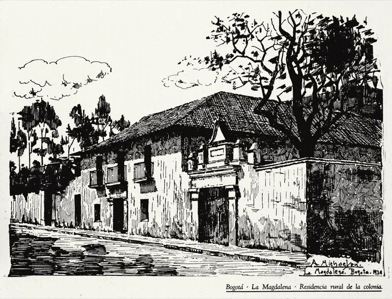 Los propietarios de las haciendas de la sabana construían grandes y elegantes mansiones en las cuales residían por temporadas. Plumilla de Arnoldo Michaelsen.