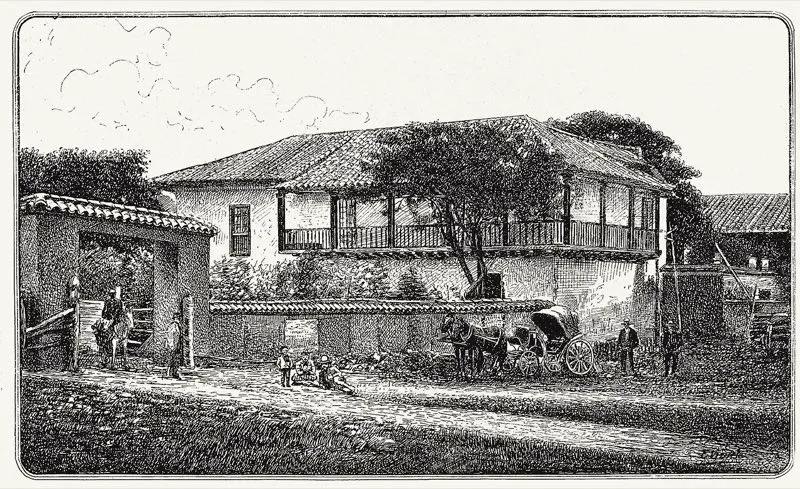 Sobre la margen izquierda del río Bogotá y desde la hacienda Fute hasta el Salto de Tequendama, se extendía la hacienda Canoas, perteneciente a don José Urdaneta. Dibujo de Alberto Urdaneta sobre una fotografía de Racines.