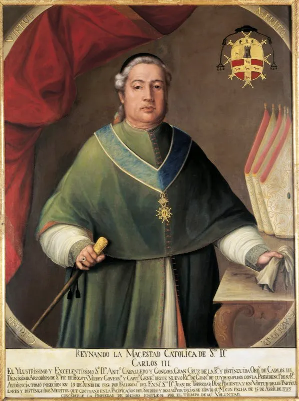 Antonio Caballero y Góngora, virrey arzobispo del Nuevo Reino de Granada de 1782 a 1789. Como arzobispo, y con el sólo poder de su inteligencia, dominó la rebelión de los Comuneros (1781). Por el fallecimiento repentino del virrey Juan Pimienta, el arzobispo Caballero y Góngora asumió el virreinato de la Nueva Granada. Apoyó sin reservas la idea del sabio Mutis de crear la Expedición Botánica que, paradójicamente, fue el semillero de ideólogos que hicieron la revolución de independencia. Óleo de Pablo García del Campo. Museo de Arte Colonial, Bogotá.
