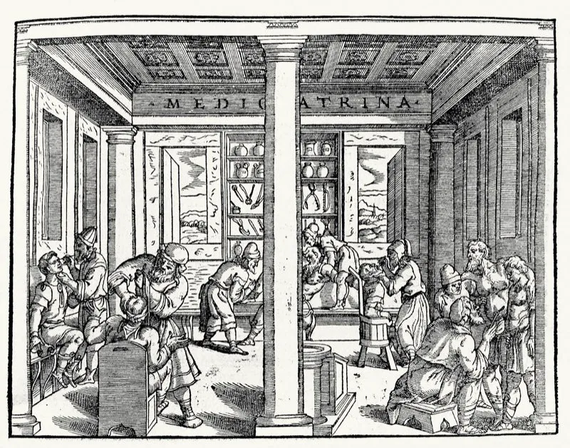 Representación de la Oficina Médica. La doctrina hipocrática de los humores predominó en el periodo colonial.
