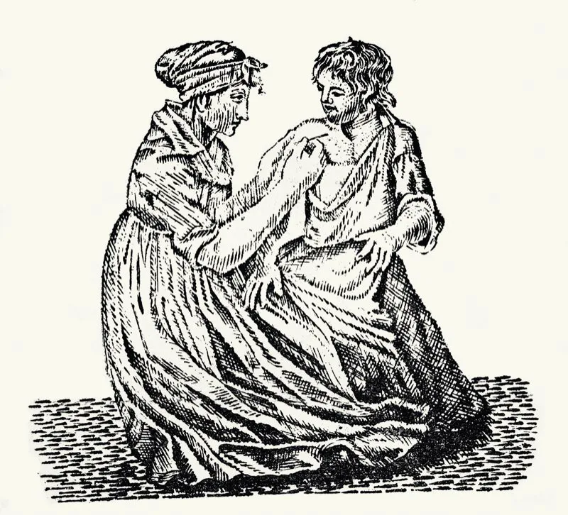 La persona que introdujo en Santafé y en el Nuevo Reino la vacuna contra la viruela descubierta por Jenner en 1798, fue don Antonio Nariño, quien hizo en prisión varios experimentos, y el 2 de julio de 1802 inoculó a su sobrino de 9 años, José María Ortega Nariño, con pleno éxito. El grabado anónimo corresponde al libro Origen y descubrimiento de la vacuna. Bogotá, 1802.