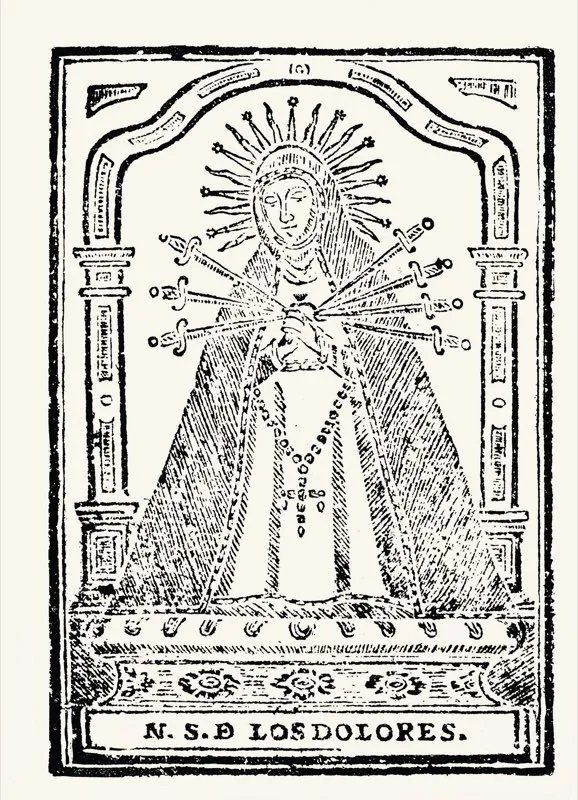 Nuestra Señora de los Dolores, Anónimo. Grabado en madera. Bogotá 1806.