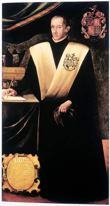 El doctor Enrique de Caldas Barbosa fue regente de estudios y rector del Colegio Mayor de Nuestra Señora del Rosario en los años de 1667-1668, 1670-1672 y 1680-1682. Óleo de Gregorio Vásquez de Arce y Ceballos. Colegio Mayor del Rosario, Bogotá.