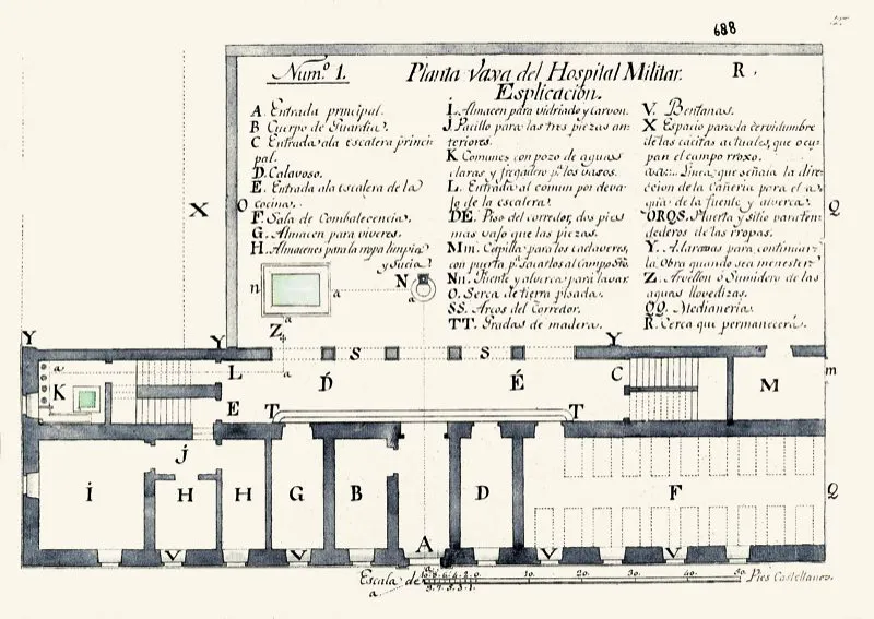 Plano de planta del Hospital Militar (1805), el cual, pese a la necesidad que de él tenía la tropa, no llegó a construirse.