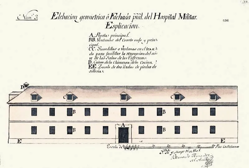 Plano de fachada del Hospital Militar (1805), el cual, pese a la necesidad que de él tenía la tropa, no llegó a construirse.