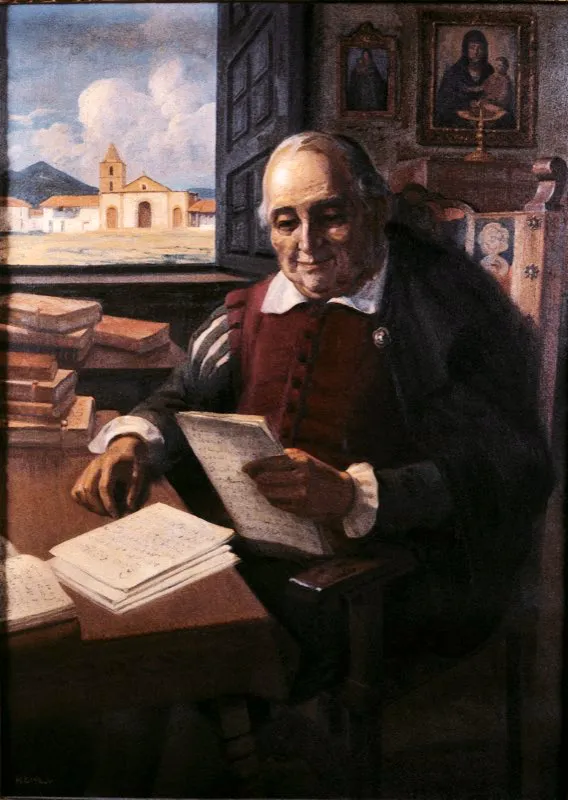 El primer periodista colombiano fue, sin duda, Juan Rodríguez Freyle (1566-1638). Su famoso libro El Carnero es un formidable reportaje sobre la vida cotidiana, social, política, picaresca y de crónica roja de la Colonia. La autobiografía de Rodríguez Freyle fue compuesta con trozos entresacados de El Carnero por monseñor Mario Germán Romero, quien además recopila los distintos conceptos que se han venido emitiendo sobre El Carnero. ¿Es crónica, es historia, es una mezcla de ficción y realidad? Uno de sus editores de 1859, Ignacio Borda, hace al respecto de la obra esta interesante observación: “si bien se ocupa, aunque someramente, de la conquista y colonización del Nuevo Reino, su relación, más que historia, es una crónica de la centuria a que se refiere, donde pinta el carácter de los gobernantes, sus disensiones, abusos y crímenes, hechos todos que de otro modo hubieran quedado olvidados para siempre, como ha sucedido con la mayor parte de los ocurridos de esa época a la presente…”. Retrato de Juan Rodríguez Freyle, óleo de Miguel Díaz Vargas. Academia Colombiana de Historia, Bogotá.