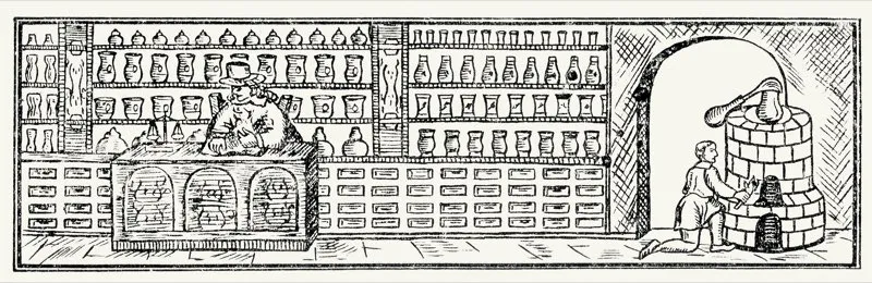 Grabado del siglo xviii, ilustrativo de las farmacias de la época en Europa, que fueron el modelo de las que en forma más precaria se crearon en Santafé de Bogotá.