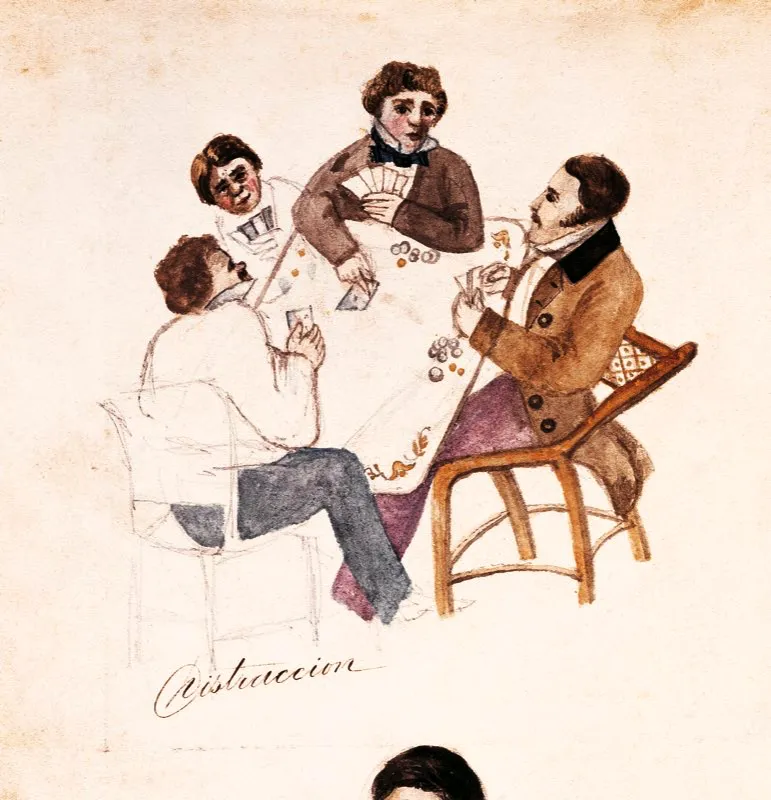 Estampa de un juego de cartas a finales del siglo xviii, al que se denomina con el eufemismo de “distracción”.