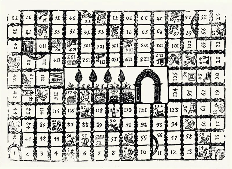 El juego de la oca es uno de los más antiguos que existen. Se cree que fue creado por los griegos para distraerse en los ratos de descanso durante el sitio de Troya. También se le supone original de Florencia, en época de los Medici, y aún hay quienes lo atribuyen a una invención de Leonardo da Vinci. La tercera versión sobre el origen de la oca dice que lo ingeniaron los templarios en el siglo xi, inspirados en el camino de Santiago. En cualquier caso, los habitantes de Santafé no fueron ajenos al juego de la oca, que se practicaba en las casas por mero entretenimiento y sin ánimo de apuestas, sobre un tablero de 63 casillas con dibujos, en forma de espiral, en las que, como en el parqués, se puede avanzar o retroceder, sin escapar al consabido castigo en caso de incurrir en alguna de las infracciones estipuladas. El primer jugador que logre llegar a la casilla 63, bautizada como “el jardín de la oca”, es el ganador.