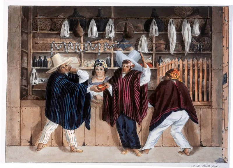 El consumo de chicha, una antigua tradición muisca, no sólo se conservó en la Colonia, sino que se aumentó notablemente y se extendió a mestizos y blancos por igual. Todos los intentos de las autoridades por controlar este hábito resultaron inútiles. Joseph Brown / José María del Castillo. Grupo festejando en una tienda de vender chicha. ca. 1840. Acuarela sobre papel. Royal Geographical Society, Londres.