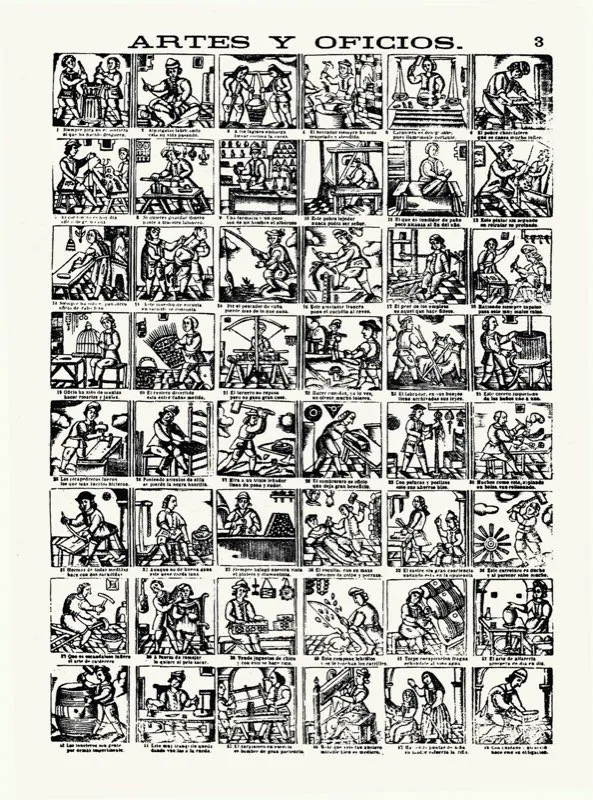 Historieta gráfica de mediados del siglo xviii que muestra diversos aspectos de la vida cotidiana: la impresión de un juego de naipes, la elaboración de canastas de mimbre, la pesa, la preparación de pan, la labranza de la tierra, el tonel de vino en la bodega, el cuidado del jardín.