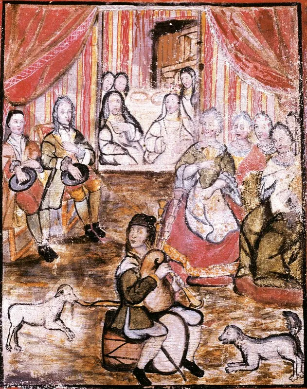 Mientras el pueblo, a su modo, se divertía en las calles, la aristocracia criolla de Santafé se reunía en las casas para escuchar música, que interpretaban virtuosos del laúd. Biombo colonial pintado por José de Medina, 1738.