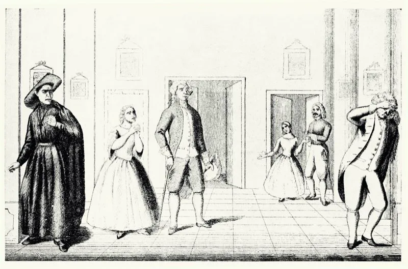 En 1793, previa gestin y autorizacin del oidor Juan Hernndez de Alba, don Toms Ramrez inaugur el primer teatro de Santaf, conocido como Coliseo de Ramrez, y en cuyo honor se bautiz Calle del Coliseo la cuadra en que estaba ubicado, que es la misma, y en el mismo emplazamiento, donde hoy est el Teatro Coln. A partir de la apertura al pblico del Coliseo Ramrez se realiz en Santaf una movida actividad teatral, una de cuyas principales promotoras era Rafaela Isazi, apodada La Jerezana, esposa de Jos Mara Lozano, segundo marqus de San Jorge, como lo registran Juan Francisco Ortiz y Jos Vicente Ortega Ricaurte en sus respectivas historias del teatro en Santaf. En la litografa de 1851 una escena del drama El misionero, pieza que se represent con frecuencia en el Coliseo Ramrez. 