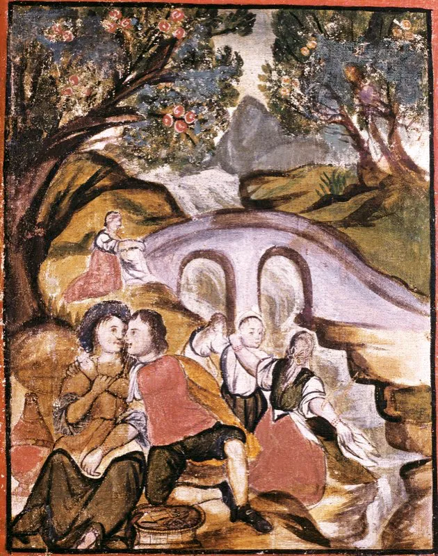 Las parejas de enamorados en la Colonia tenían la ventaja de poder disfrutar las aguas cristalinas y rumorosas del río Bogotá. Sobre la ronda del río, iban los enamorados en paseos románticos que armonizaban con aquellos parajes idílicos. Biombo colonial pintado por José de Medina, 1738.