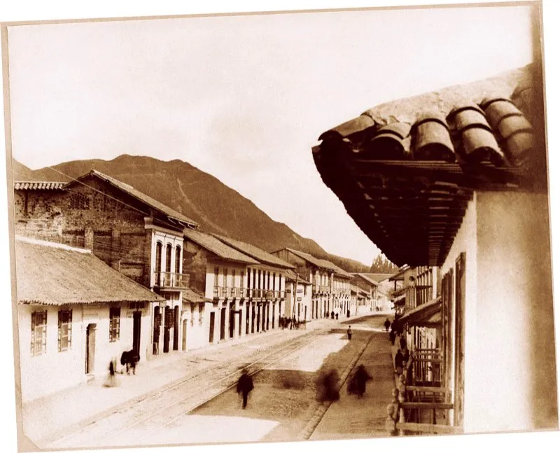 La Calle del Hospicio, transformada hacia finales de siglo en camellón, quedaba en la actual carrera 12 entre calles 13 y 14. Desde el siglo xviii se conoció como Calle de los Curas y después fue bautizada Calle del Divorcio Viejo. Su nombre de Calle del Hospicio Viejo se debe a que allí funcionó, desde 1791, la primera sede del Hospicio de Bogotá, construido por el virrey José de Ezpeleta. Fotografía de Racines y Villaveces, 1898.