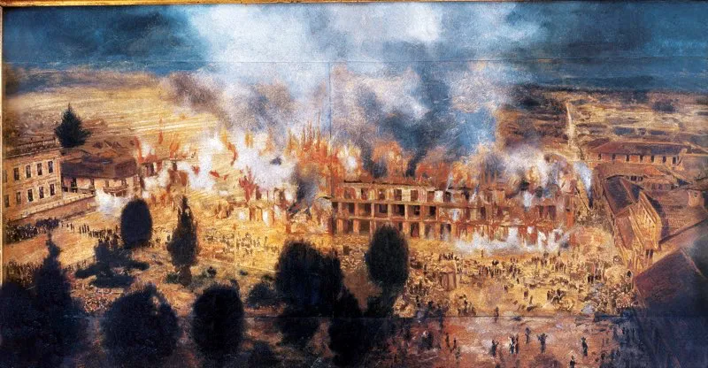 El mayor desastre en la historia de la ciudad, ocurri en la madrugada del 20 de mayo de 1900, cuando el edificio de las Galeras, que abarcaba el costado occidental de la Plaza de Bolvar, ardi de extremo a extremo, sin que el precario cuerpo de bomberos, ni los ciudadanos que acudieron en masa para colaborar en la extincin de las llamas, pudieran hacer nada. Hubo manos criminales? La investigacin realizada culp a un sbdito alemn, que tena una sastrera all, y que habra iniciado el incendio con el propsito de cobrar un seguro.  