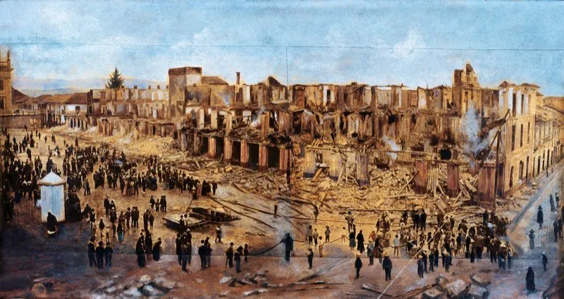 Las prdidas ocurridas en la galera fueron irreparables para el patrimonio histrico de la ciudad y del pas. La mayor parte del Archivo Histrico de Bogot, incluida el acta de la independencia del 20 de julio, y numerossimos documentos, fueron pasto de las llamas. Tambin se quem en su totalidad la torre de la Compaa de Telfonos de Bogot, lo que dej a la ciudad sin este servicio por cerca de seis aos. La reconstruccin del palacio municipal demor una dcada. Fotografa de Henry Duperly. 