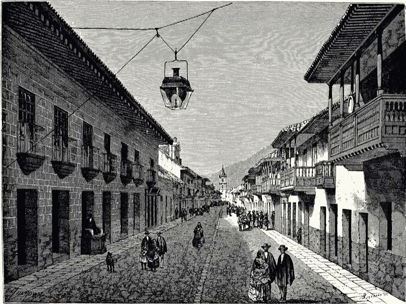 Los faroles de vela de sebo constituan el nico medio de alumbrado pblico a comienzos del siglo xix. En la Calle Real apenas haba seis faroles hacia 1822, lo que da una idea de lo precario del alumbrado. En las noches de luna los faroles pblicos no se prendan para ahorrar velas y combustibles. Sin embargo, en muchos de los balcones de las casas sus propietarios colocaban faroles que contribuyeran a la iluminacin. Preferan este mtodo a permitir que se estableciera el impuesto  de alumbrado pblico. Grabado de A. Bertrand. 