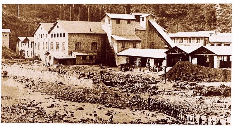 Construccin de la planta de El Charquito, 1900. Esta obra de trascendencia histrica pudo llevarse a feliz trmino gracias al empuje de los hermanos Samper Brush, quienes tuvieron que superar para ello innumerables dificultades. 