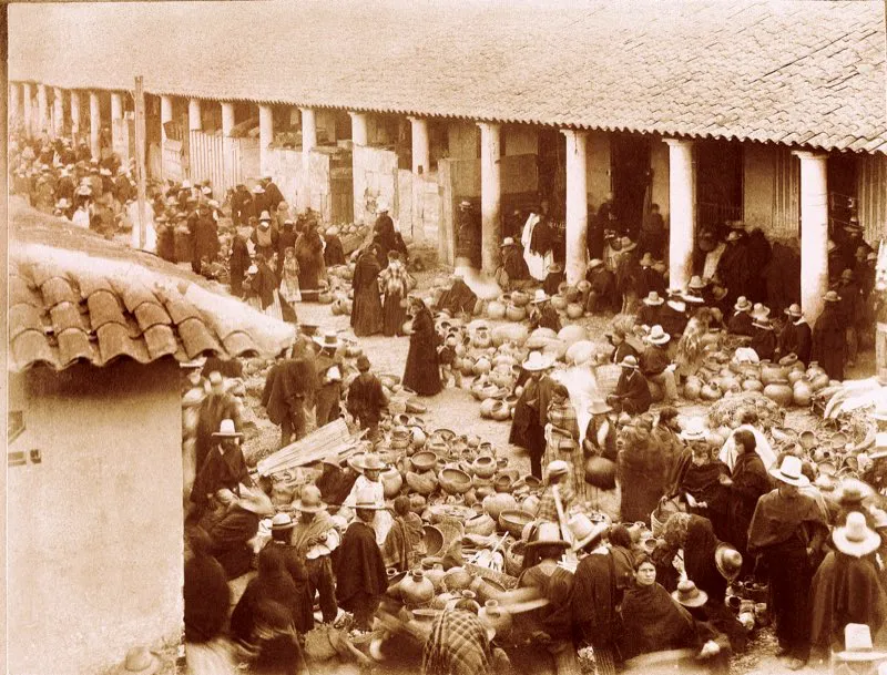 En julio de 1894 se inaugur la nueva plaza de mercado de Bogot, dotada con galeras, y en la que se vendan todos los frutos y comestibles trados a la capital de las poblaciones circunvecinas. Tambin haba expendios de carne y de bebidas. Las condiciones higinicas del mercado de abastos mejoraron notablemente en relacin con las anteriores plazas de mercado. La nueva plaza estaba situada al occidente de la plazuela de Las Nieves. Fotografa de Henry Duperly. 