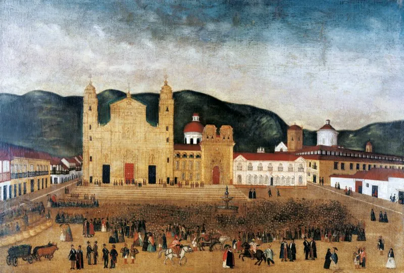 Plaza Mayor,  la escena puede ser de 1843 o 1844. El Mono de la Pila sigue ah, no as las matas. Las casas del costado sur permanecen y las del costado norte no han cambiado. leo de Santiago Castillo Escalln.  