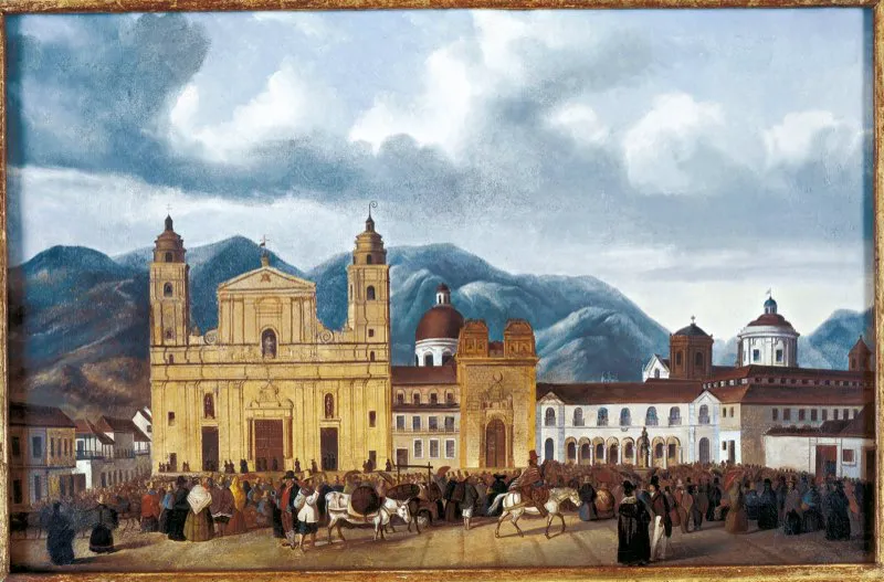Plaza Mayor entre 1840 y 1844. Puede verse con claridad que todava est el Mono de la Pila, rodeado de matas. En el costado sur subsisten las casas coloniales, que seran demolidas en 1848 para limpiar el lote destinado al Capitolio. leo de Jos Santos Figueroa.  