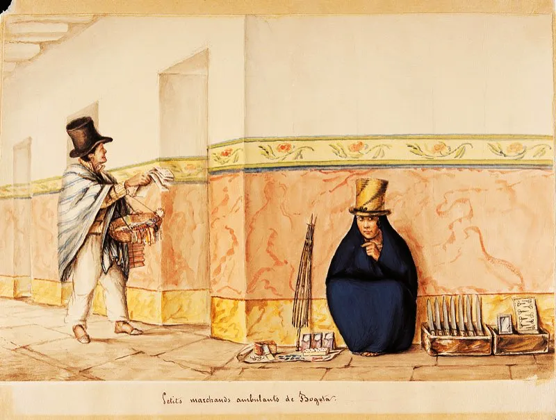 Obsrvense los finos rasgos y la mirada maliciosa de esta campesina cundiboyacense, vendedora de utensilios domsticos y elementos tiles en el hogar, fabricados por artesanos de Bogot. Tiene para la venta, a su izquierda, un estuche de tijeras de diversos tamaos, un portarretratos de marco de plata y un juego de siete cuchillos; a su derecha, elementos para coser y bordar. De rasgos ms urbanos es el vendedor de peridicos y de chucheras o elementos de uso casero, con el tpico sombrero de copa. No deja de sorprender el artstico y elegante decorado de la pared. Pequeos mercaderes ambulantes de Bogot, acuarela de Jos Manuel Groot y Auguste Le Moyne, ca. 1835. Coleccin del Museo Nacional de Colombia. 