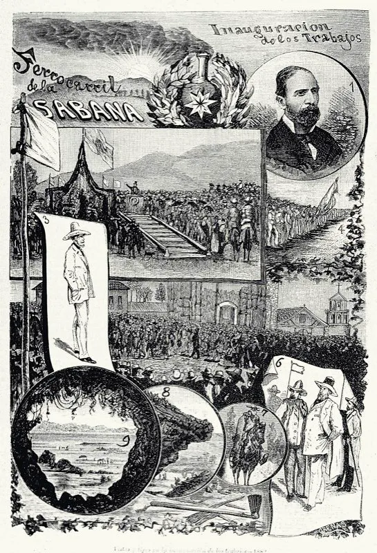 Mosaico elaborado al principiar los trabajos del Ferrocarril de la Sabana, el 26 de febrero de 1882. En el crculo de arriba, el presidente Rafael Nez, que se empe en dotar a Colombia de una red de ferrocarriles. Ya existan parte del de Antioquia, del Pacfico, del Atlntico y se haban iniciado tambin las obras de los ferrocarriles del norte y de Girardot. La situacin de orden pblico entre 1883 y 1886 retras el desarrollo de los ferrocarriles y paraliz los de la sabana, del norte y de Girardot. A comienzos de 1886, afirmada la paz y restablecida la normalidad, el presidente Nez  dio orden de reanudar el Ferrocarril de la Sabana, que se inaugur dos  aos despus. Grabado de Alfredo Greas.  