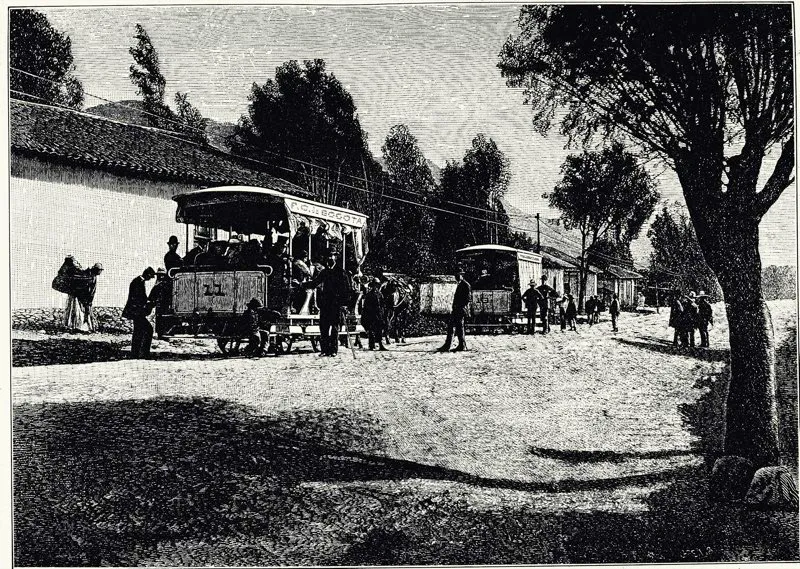 Terminal de Transportes en la plaza de Nario (San Victorino). Carro de yunta para carga. leo de Luis Nez Borda, para el lbum publicado por Jos Vicente Ortega Ricaurte al cumplirse los 400 aos de la fundacin de Bogot (1938). 