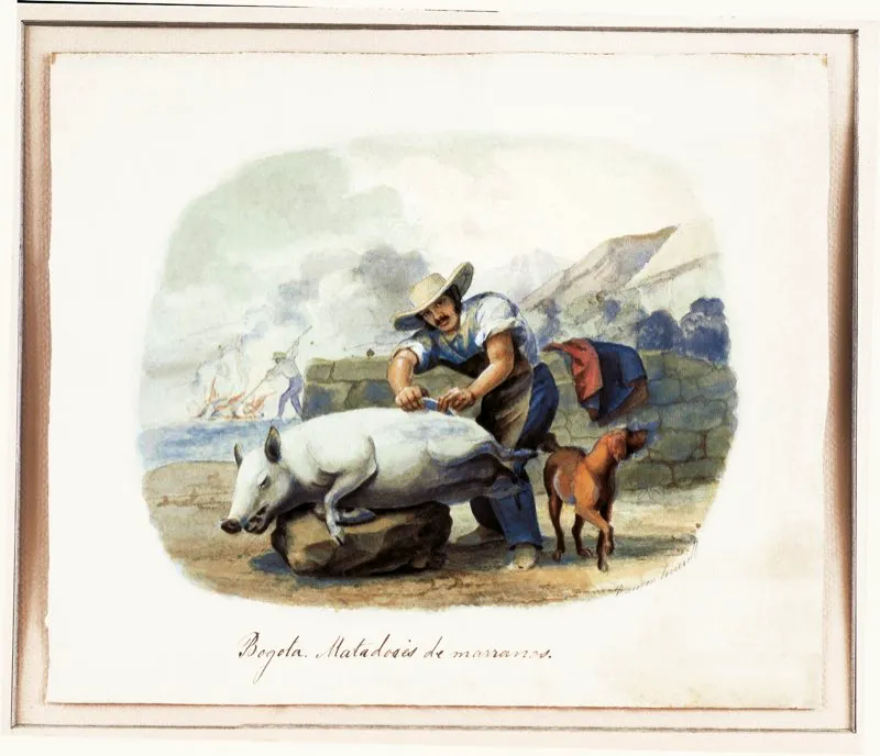 Bogotá, matadores de marranos. Obra de Ramón Torres Méndez. Colección de la Biblioteca Luis Ángel Arango.