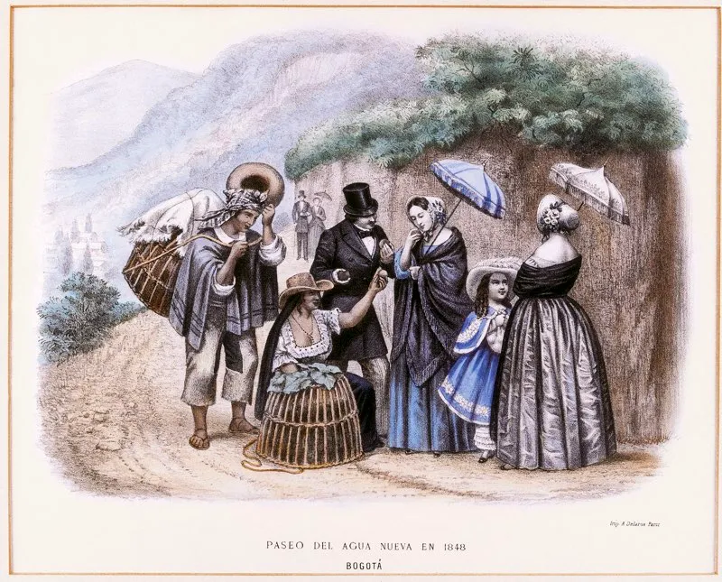 Paseo del Agua Nueva en 1848. Obra de Ramón Torres Méndez. Acuarelas, colección del Museo Nacional de Colombia, Bogotá.
