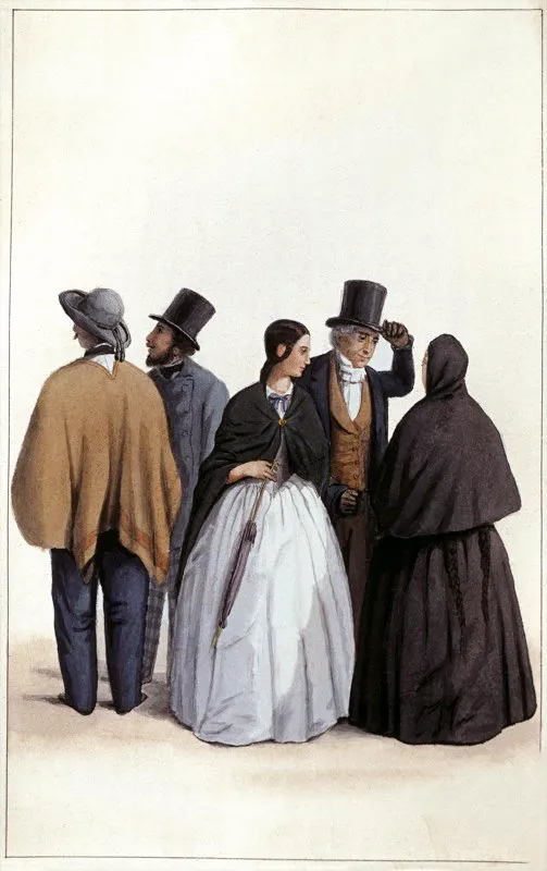 Notables de la capital, provincia de Vélez, 1850. Acuarela de Carmelo Fernández para la Comisión Corográfica. Biblioteca Nacional de Colombia.
