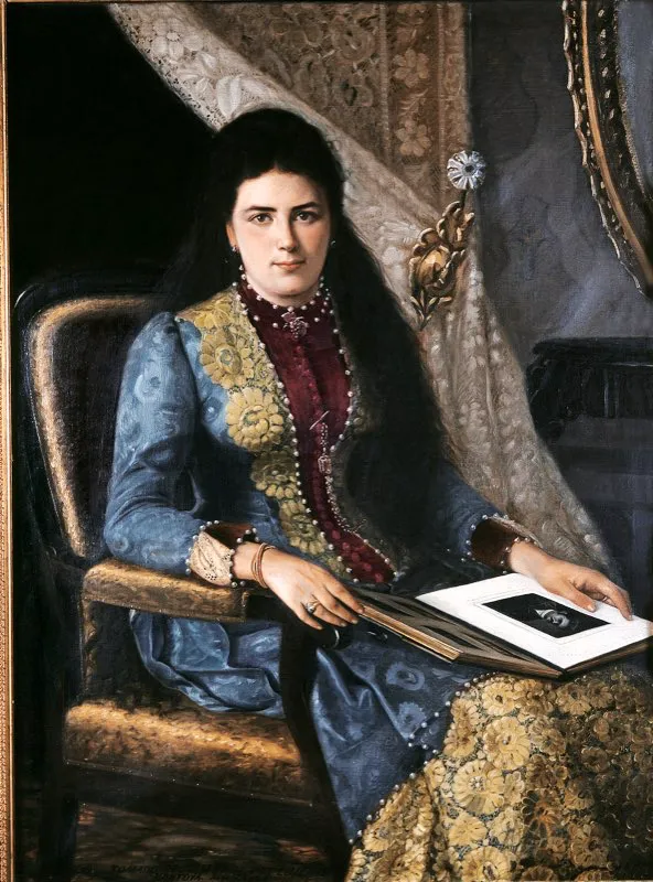 Bogotana destacada del siglo xix. Carolina Samper Acosta, hija de José María Samper y de Soledad Acosta Kemble. Heredó el talento de sus padres y la belleza de su madre. Fue una pintora clásica y crítica de arte. Óleo de Domingo Gutiérrez Acosta. Obra del Museo del Siglo xix.