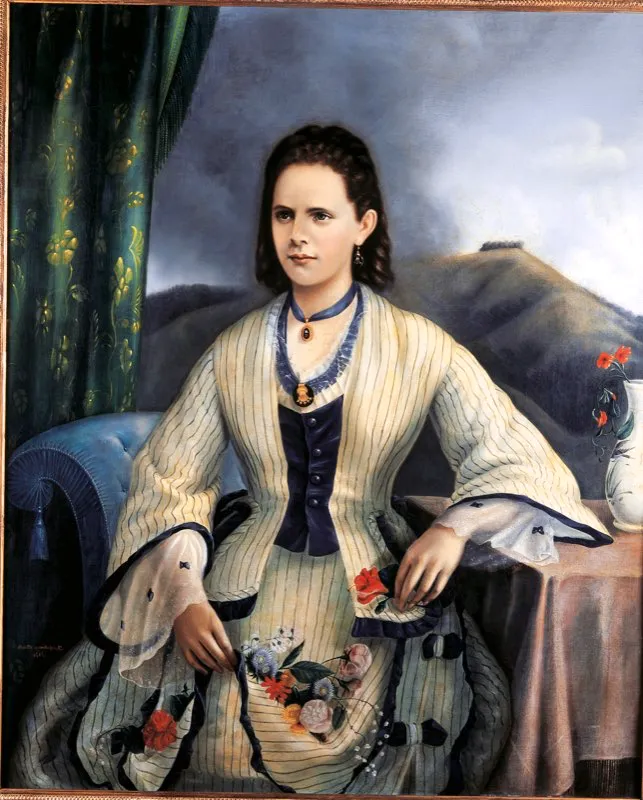 Bogotana destacada del siglo xix. Mercedes Álvarez de Flórez, poeta y escritora que alcanzó gran notoriedad, fue una de las mujeres más bellas y elegantes de su tiempo. Esposa del poeta Leonidas Flórez, hermano del famosísimo Julio Flórez. Óleo de Eugenio Montoya. Obra del Museo del Siglo xix.