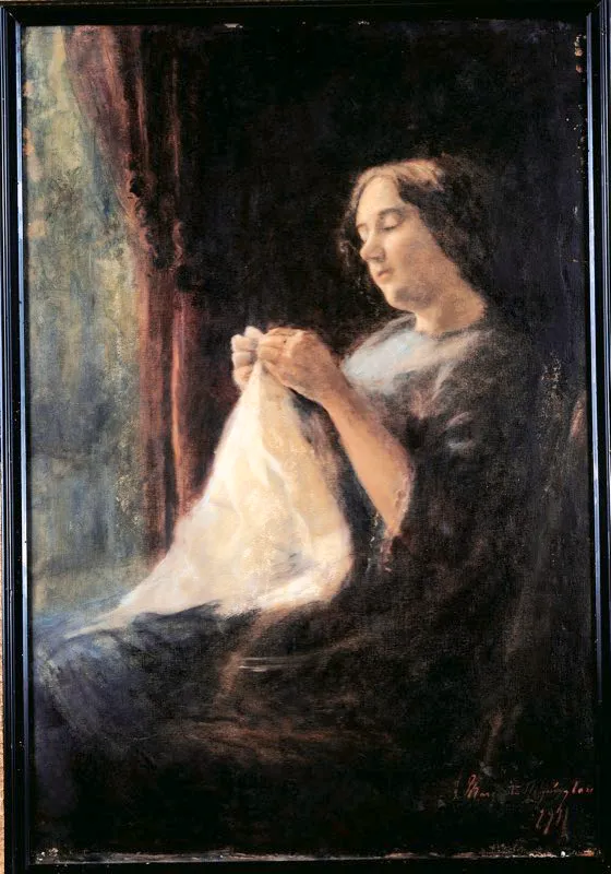 La costurera. Óleo de Margarita Holguín y Caro (1875-1959), excelsa pintora que hizo un manejo magistral de la luz y del color. Hija del presidente Carlos Holguín y sobrina del presidente Miguel Antonio Caro.