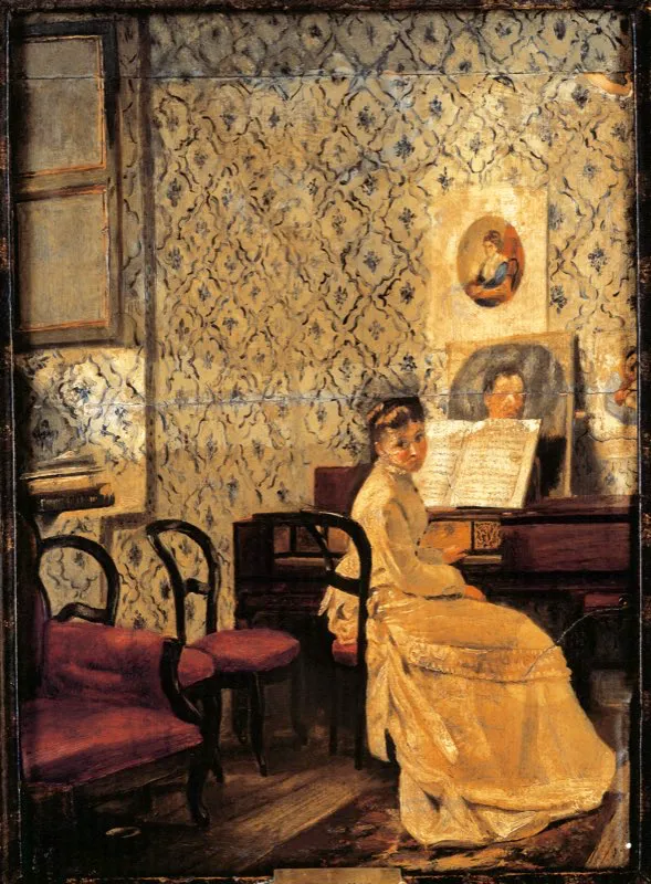 Interior santafereño. Óleo de Ramón Torres Méndez. Era muy frecuente que las casas de la élite bogotana contaran con una decoración interior elegante y acogedora, que contrastaba con fachadas exteriores sobrias y muy frías. No se acostumbraba hacer ostentación de la riqueza.
