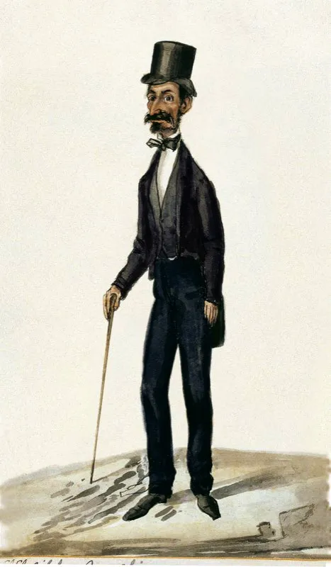 Don Guillermo Madero. Dibujo caricaturesco de la época, realizados por José María Espinosa. Museo Nacional de Colombia y Biblioteca Nacional, Bogotá.