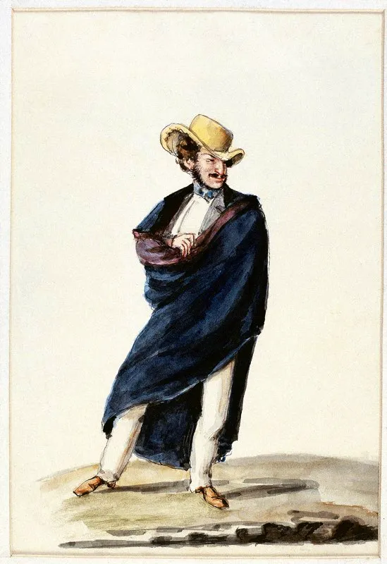 El loco rompe-galas. Dibujo caricaturesco de la época, realizados por José María Espinosa. Museo Nacional de Colombia y Biblioteca Nacional, Bogotá.