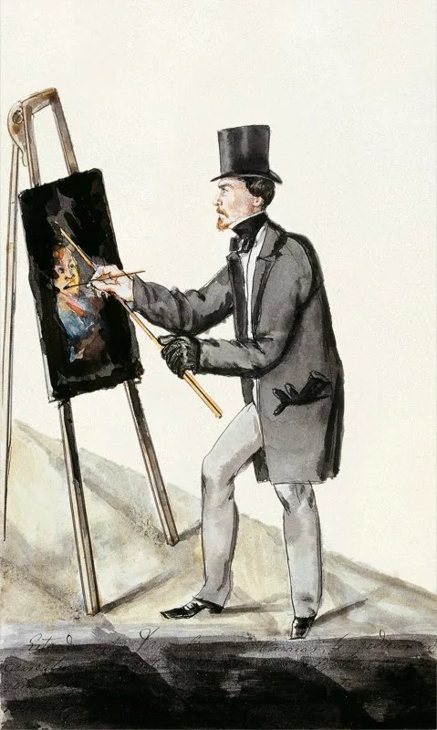 El pintor. Dibujo caricaturesco de la época, realizados por José María Espinosa. Museo Nacional de Colombia y Biblioteca Nacional, Bogotá.