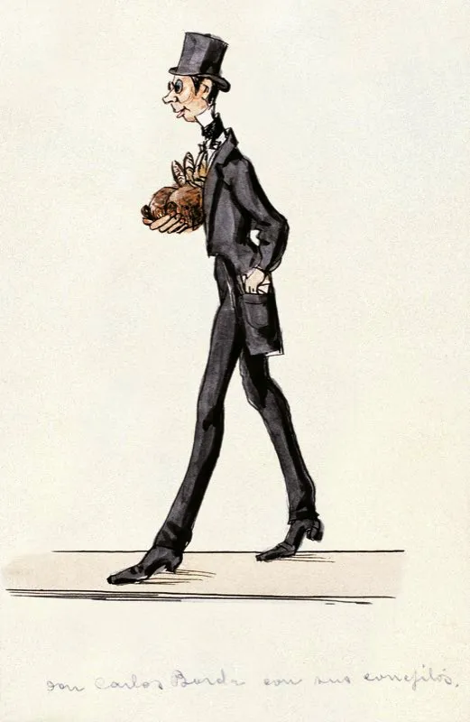 Don Carlos Barba. Dibujo caricaturesco de la época, realizados por José María Espinosa. Museo Nacional de Colombia y Biblioteca Nacional, Bogotá.