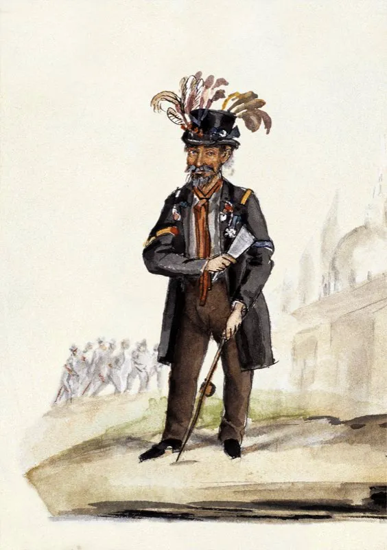 Rafael Lazo. Dibujo caricaturesco de la época, realizados por José María Espinosa. Museo Nacional de Colombia y Biblioteca Nacional, Bogotá.